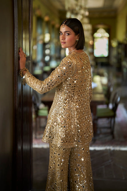 Gold Mirror Work Sharara Set