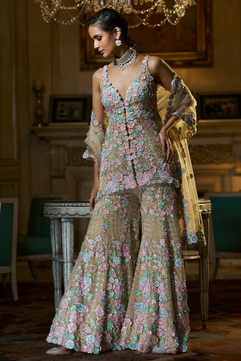 Multi-Coloured Three-Dimensional Sharara Set