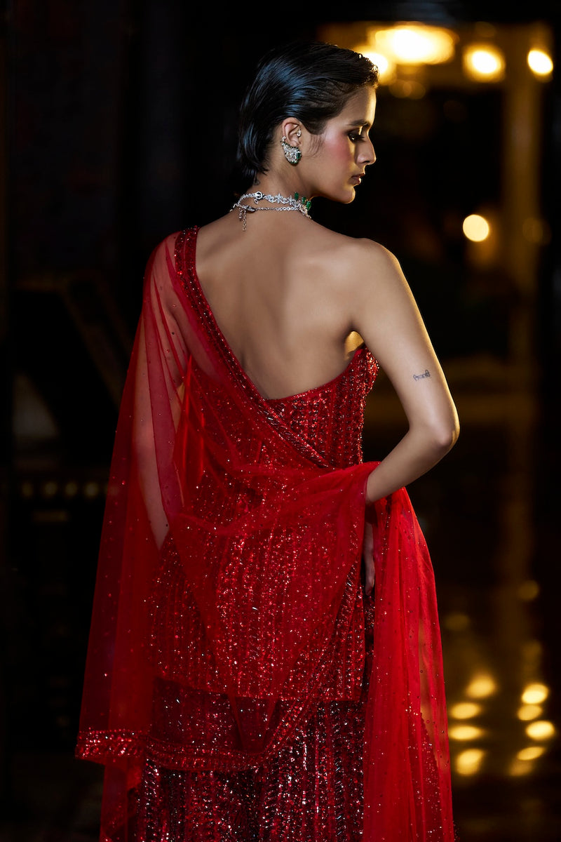 Off-Shoulder Red Sharara Set