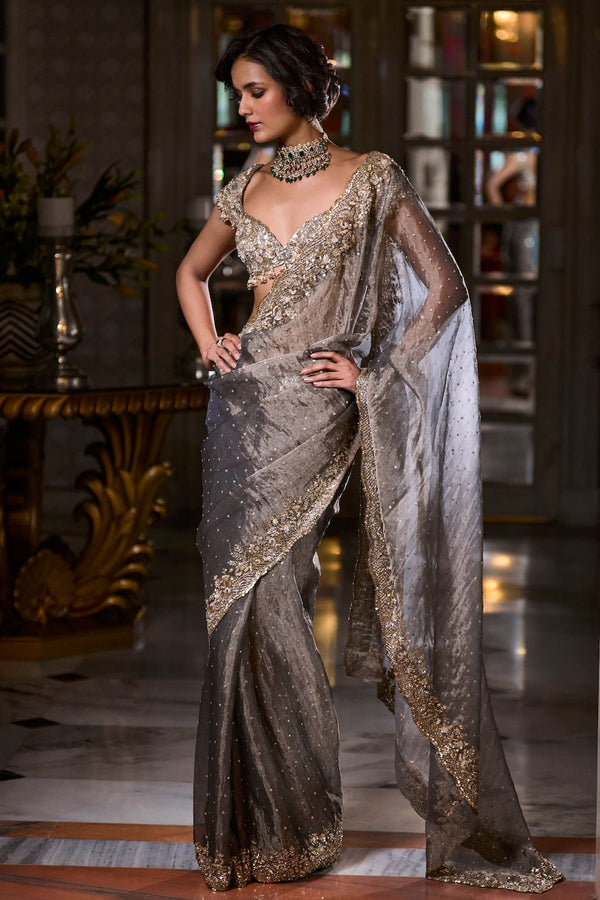 Stone Grey Tissue Organza Saree