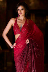 Red Ombre Sequin Georgette Saree