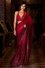 Red Ombre Sequin Georgette Saree