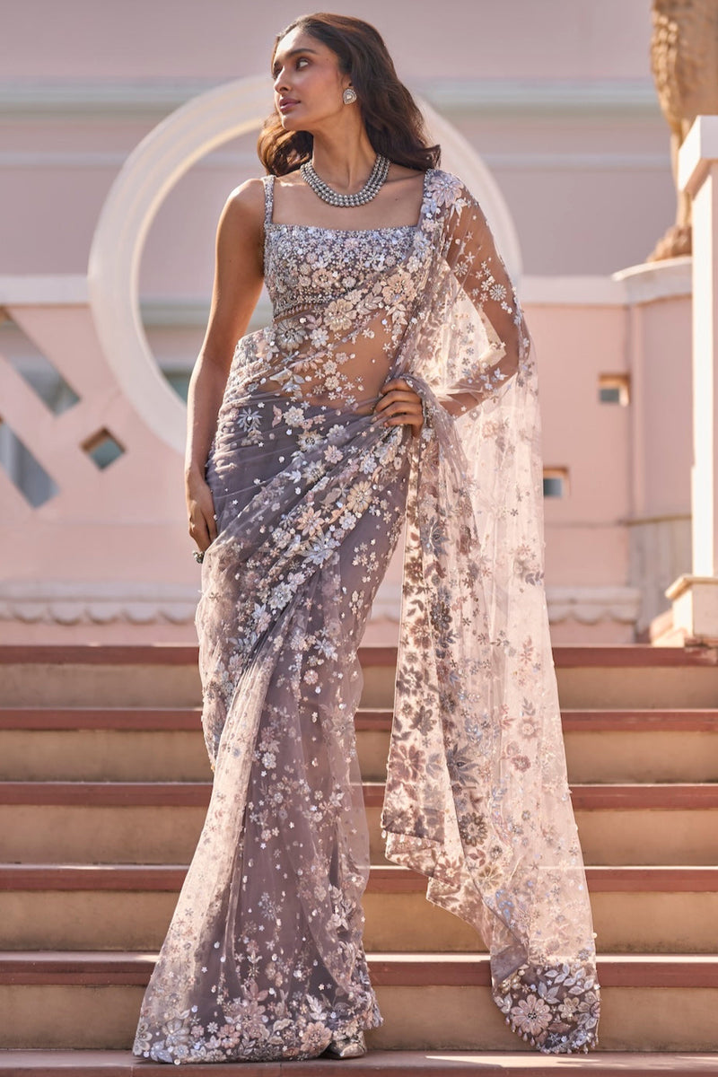 Stone Grey Multi-Coloured Floral Saree