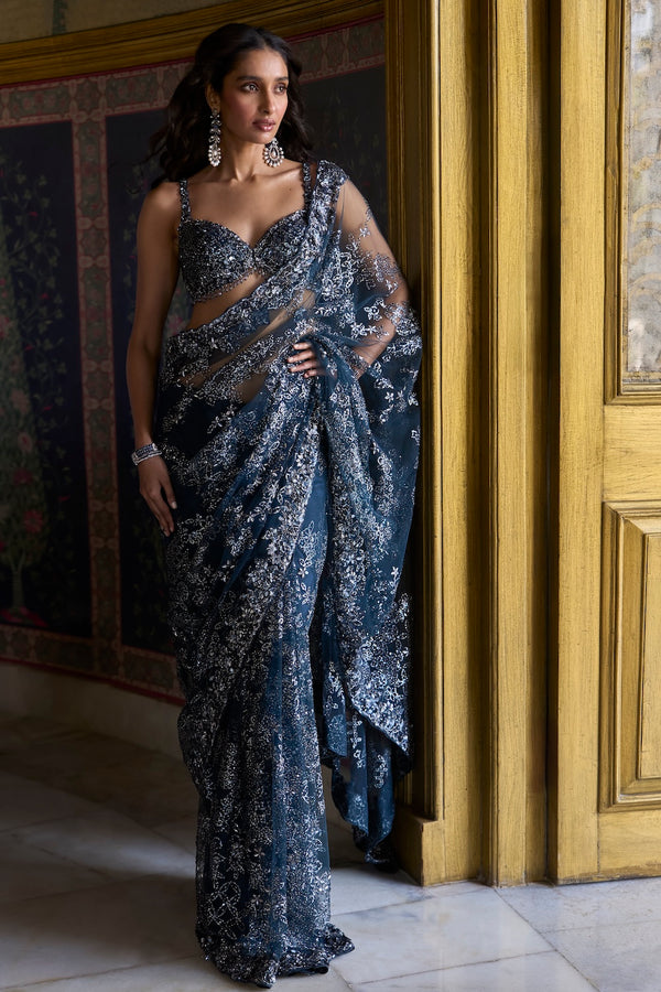 Teal Blue Sequin Saree