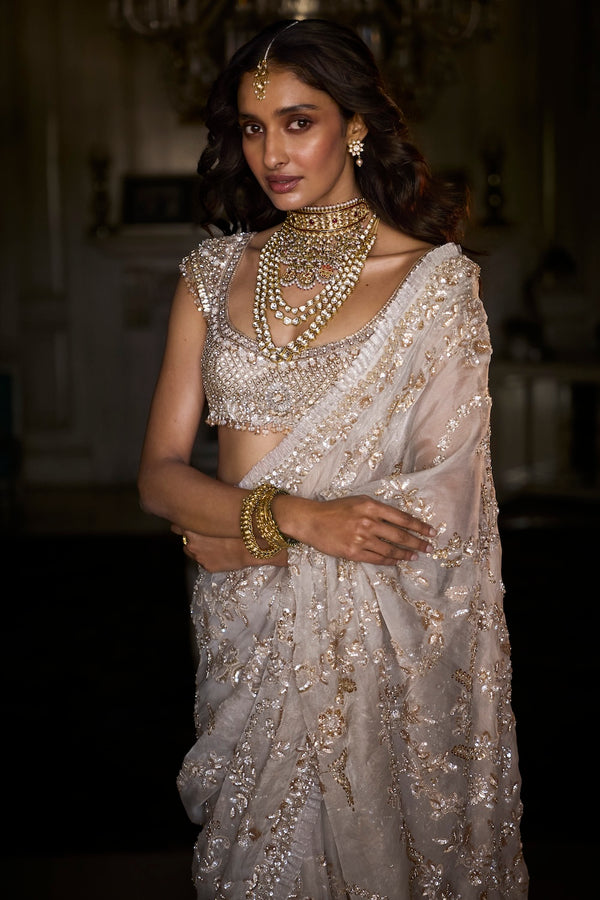 Ivory Gold Sequin Saree