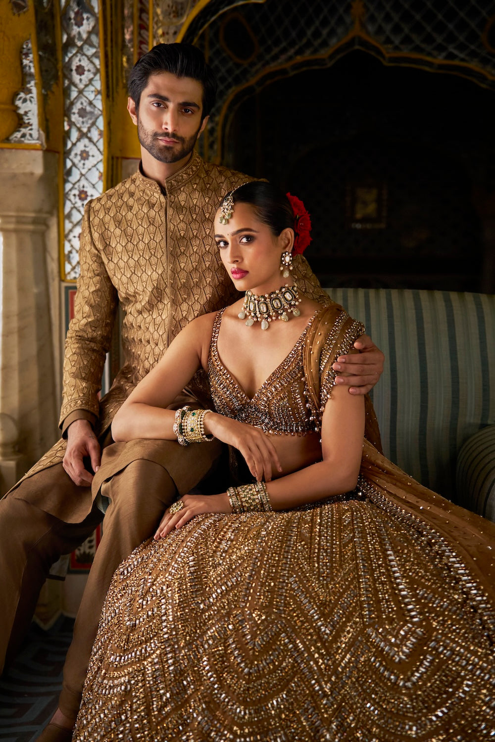 Copper Gold Crystal Lehenga Set