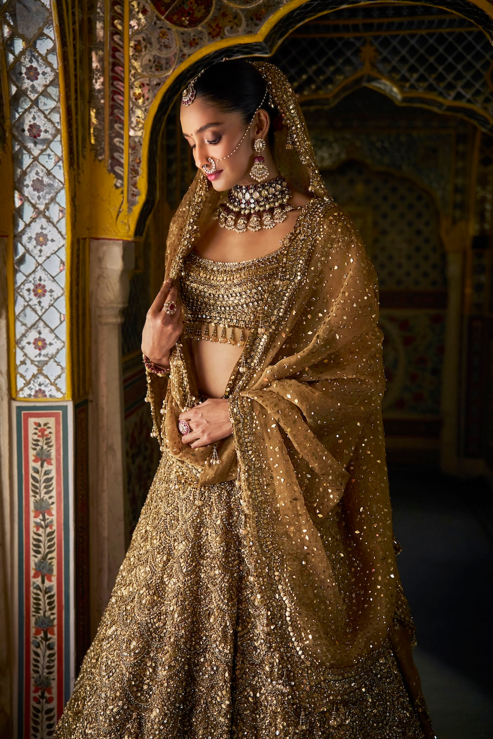 Shobhita Dhulipala in Antique Gold Scalloped Lehenga Set