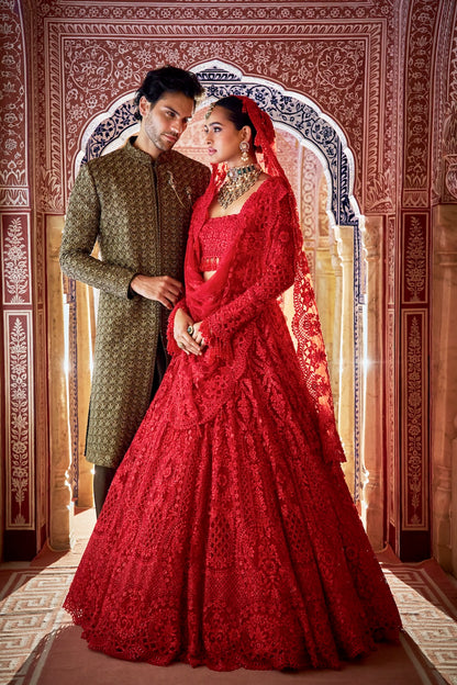Olive Green Thread Sequin Sherwani Set
