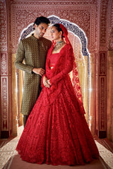 Olive Green Thread Sequin Sherwani Set
