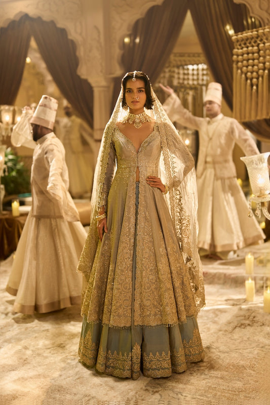 Ice Blue Tissue Jacket Lehenga Set