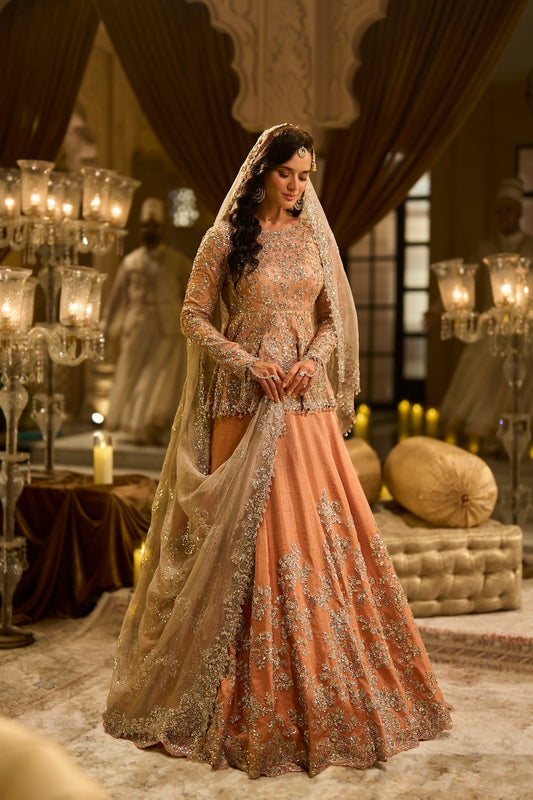 Peach peplum Tissue Lehenga Set