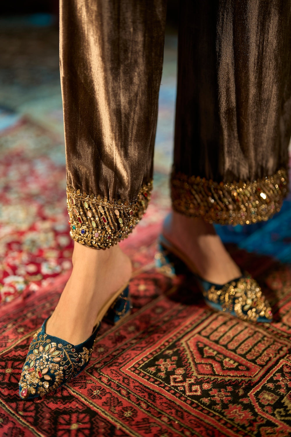 Teal Blue Velvet Jewel-Embellished Mules