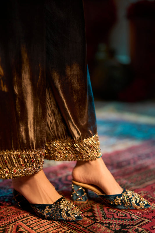 Teal Blue Velvet Jewel-Embellished Mules