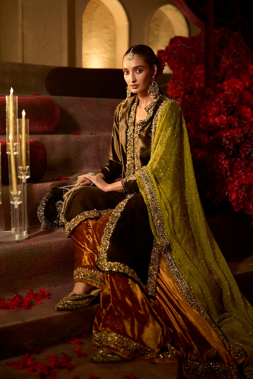 Chocolate brown Velvet Jacket Sharara Set