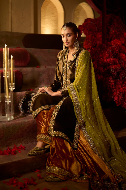 Chocolate brown Velvet Jacket Sharara Set