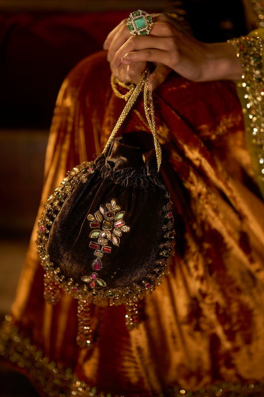 Chocolate Brown Velvet Jewel-Embellished Potli