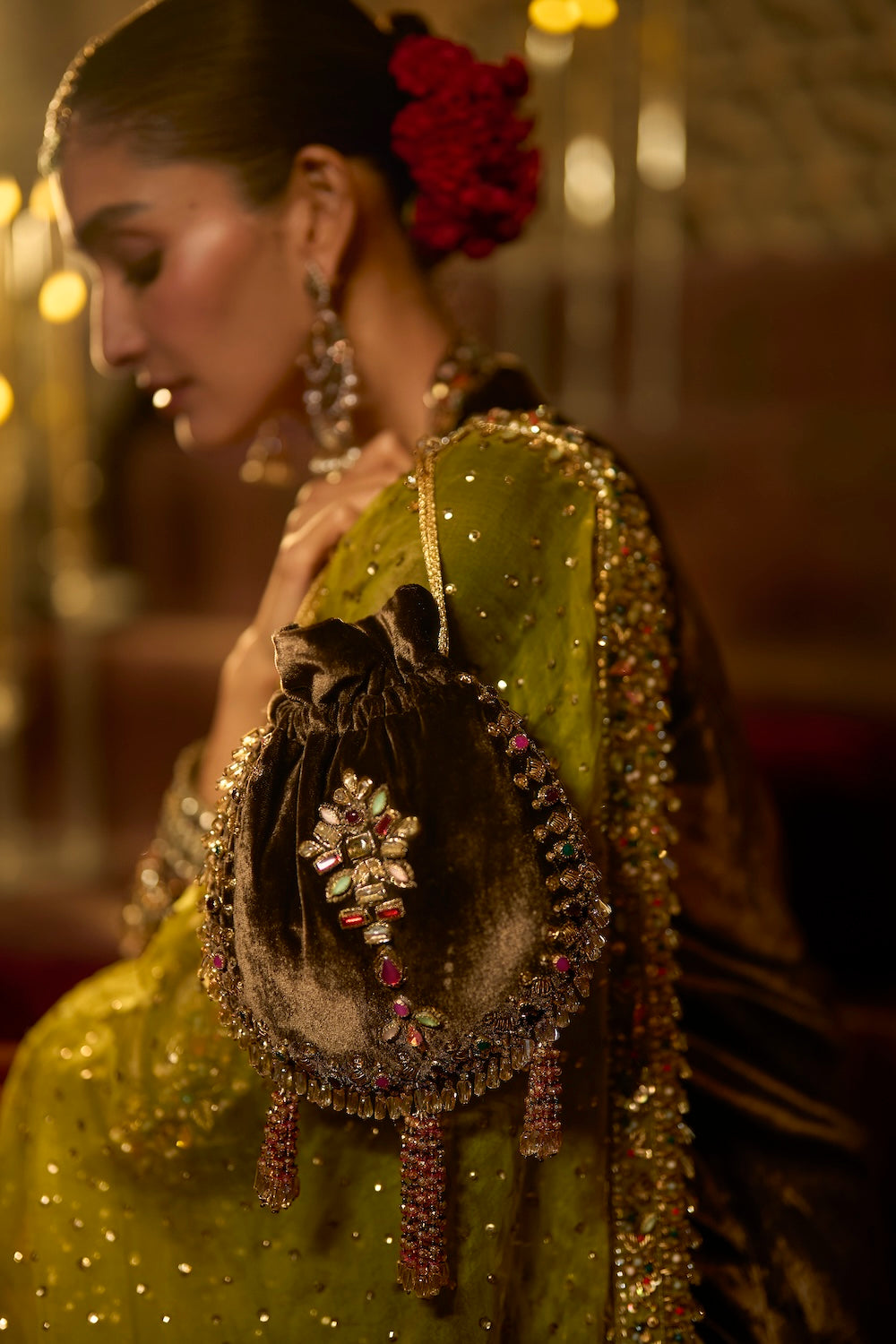 Chocolate Brown Velvet Jewel-Embellished Potli