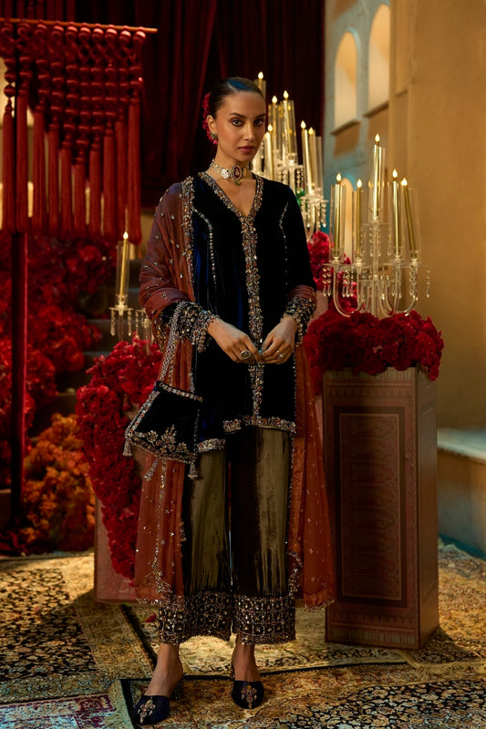 Navy Blue Velvet Jewel-Embellished Potli