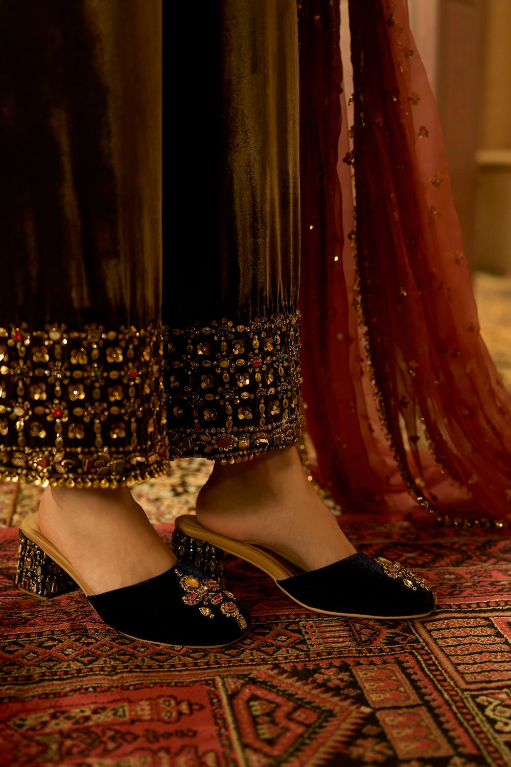 Navy Blue Velvet Jewel-Embellished Mules