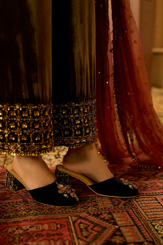 Navy Blue Velvet Jewel-Embellished Mules