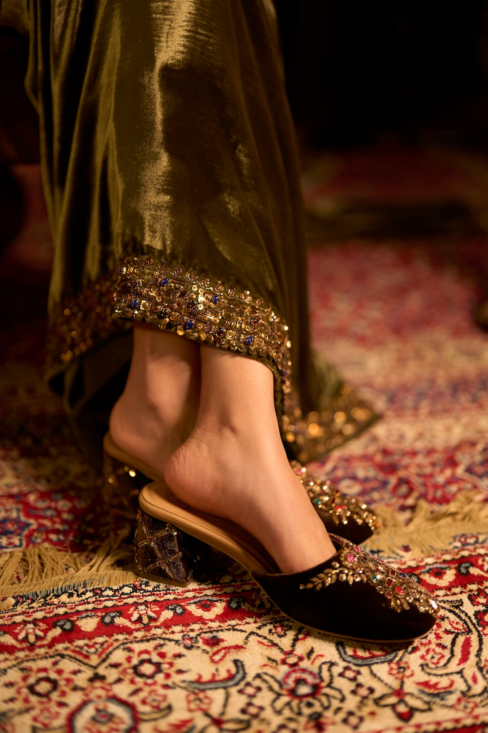 Chocolate Brown Velvet Jewel-Embellished Mules