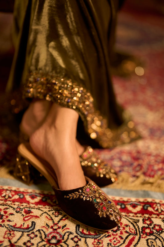 Chocolate Brown Velvet Jewel-Embellished Mules