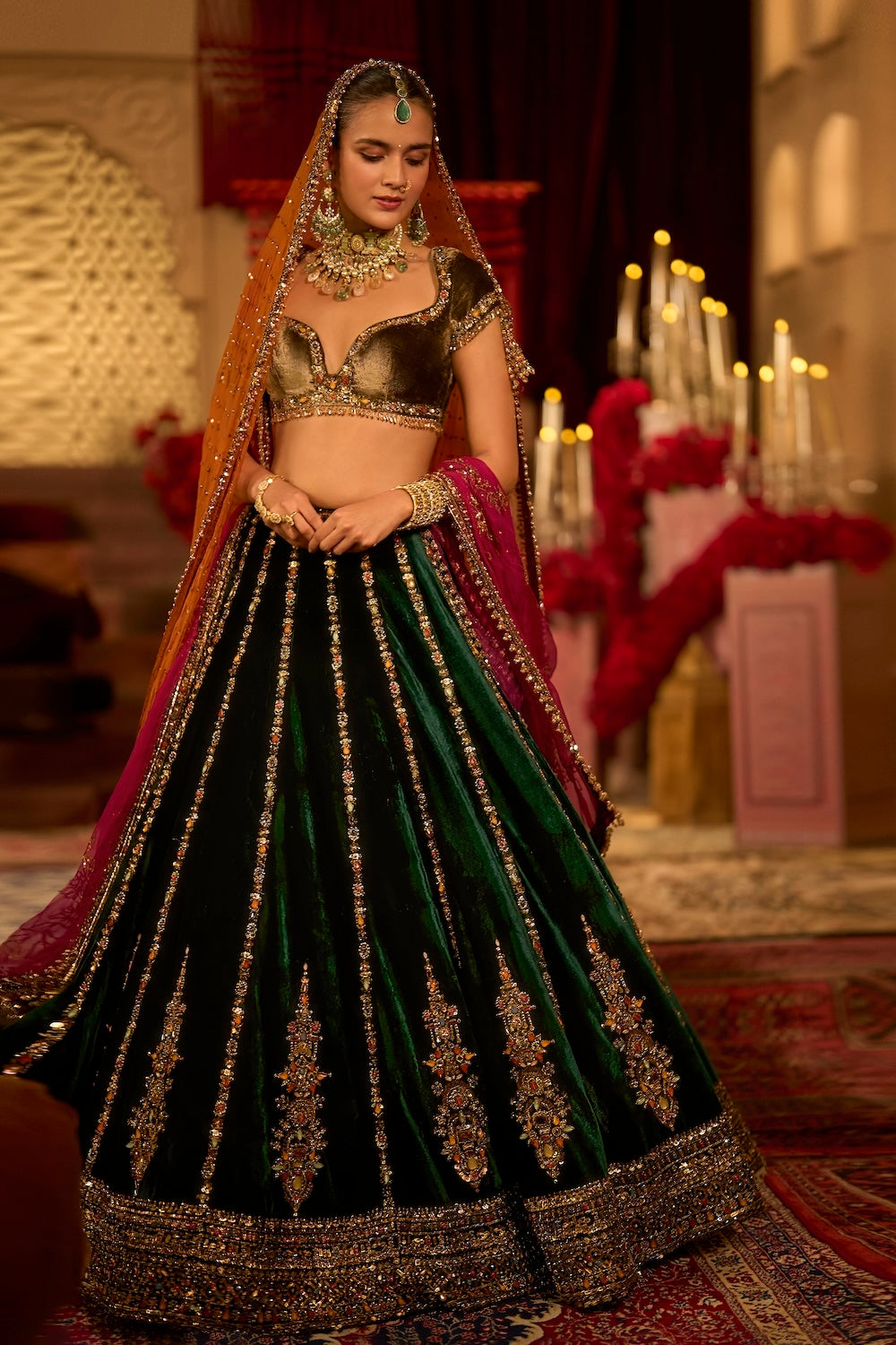 Emerald Green Velvet Lehenga Set