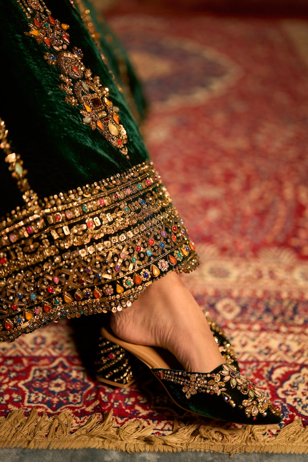 Emerald Green Velvet Jewel-Embellished Mules