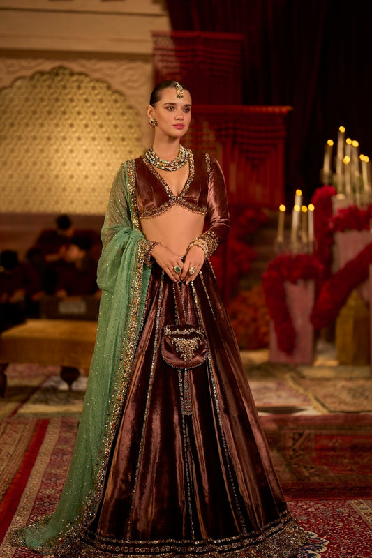 Rose Brown Velvet Lehenga Set