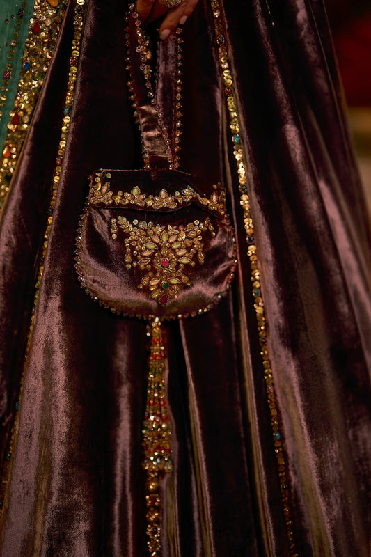 Rose Brown Velvet Jewel-Embellished Potli