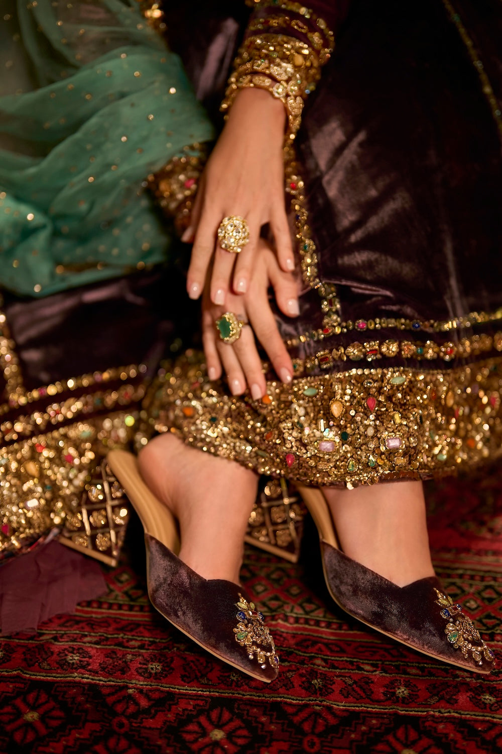 Rose Brown Velvet Jewel-Embellished Mules