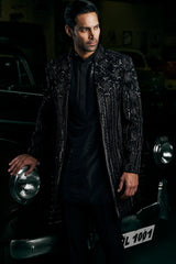 Black Abstract Open Sherwani Set