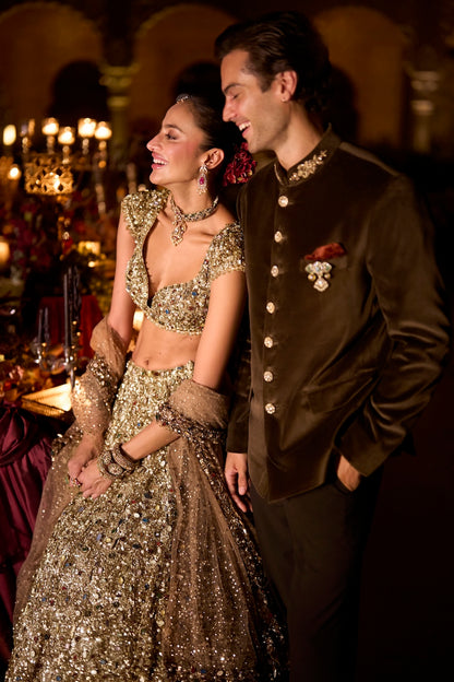 Olive Green Velvet Bandhgala Set