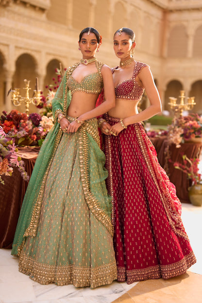 Dark Red Gold Zardosi Lehenga Set