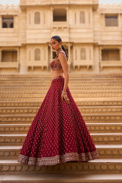 Dark Red Gold Zardosi Lehenga Set