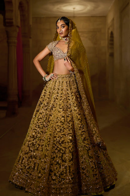 Green Velvet Zardosi Lehenga Set