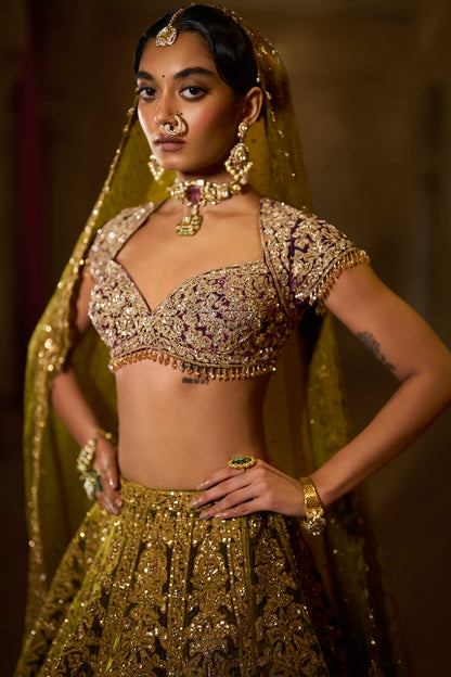 Green Velvet Zardosi Lehenga Set
