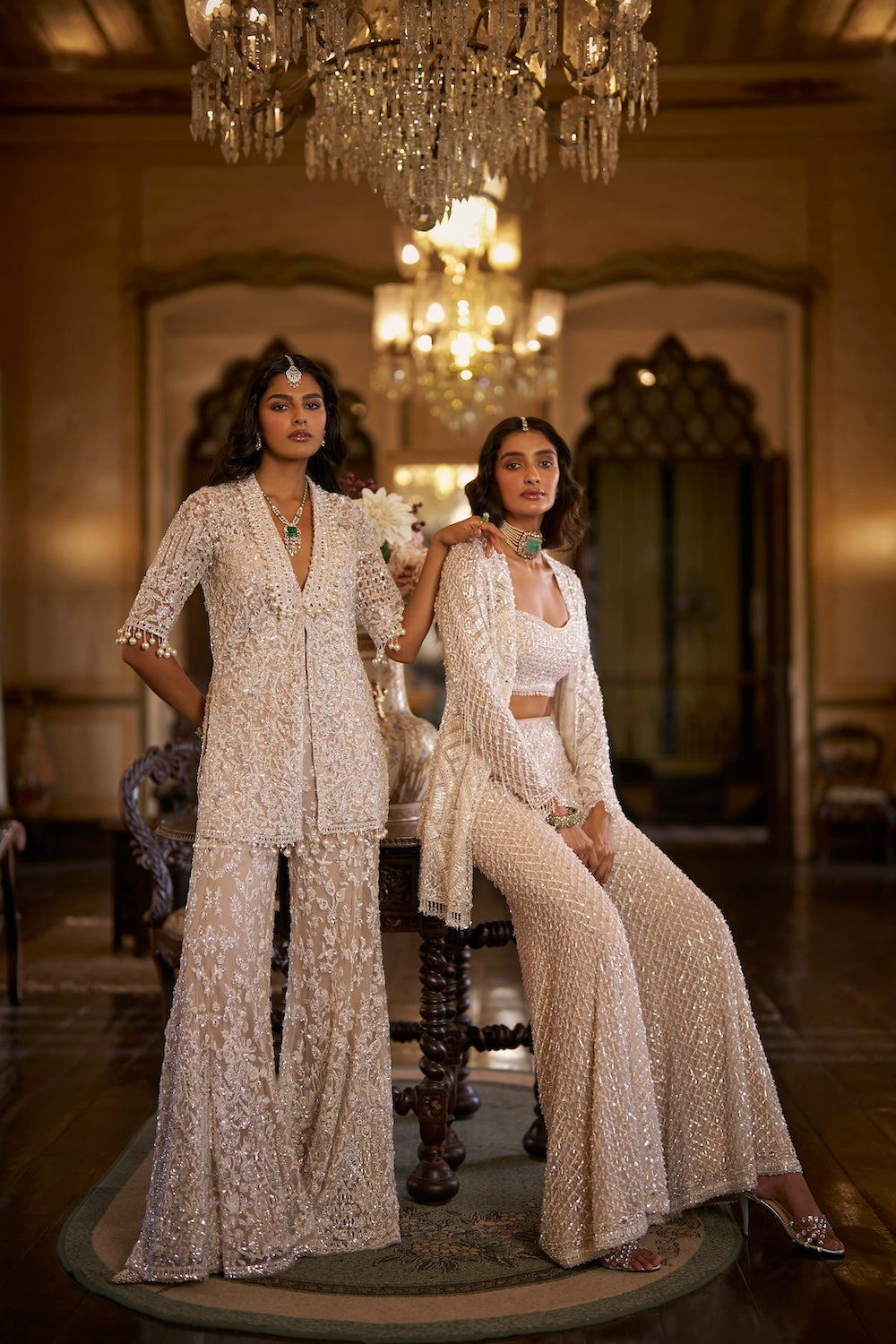 White Sequin Open Jacket - Sharara Pant Set