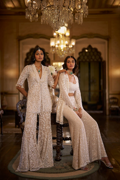 White Sequin Open Jacket - Sharara Pant Set
