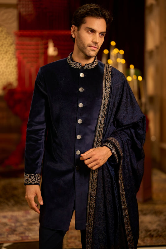 Navy Velvet Sherwani Set
