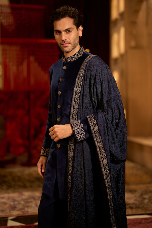 Navy Velvet Sherwani Set