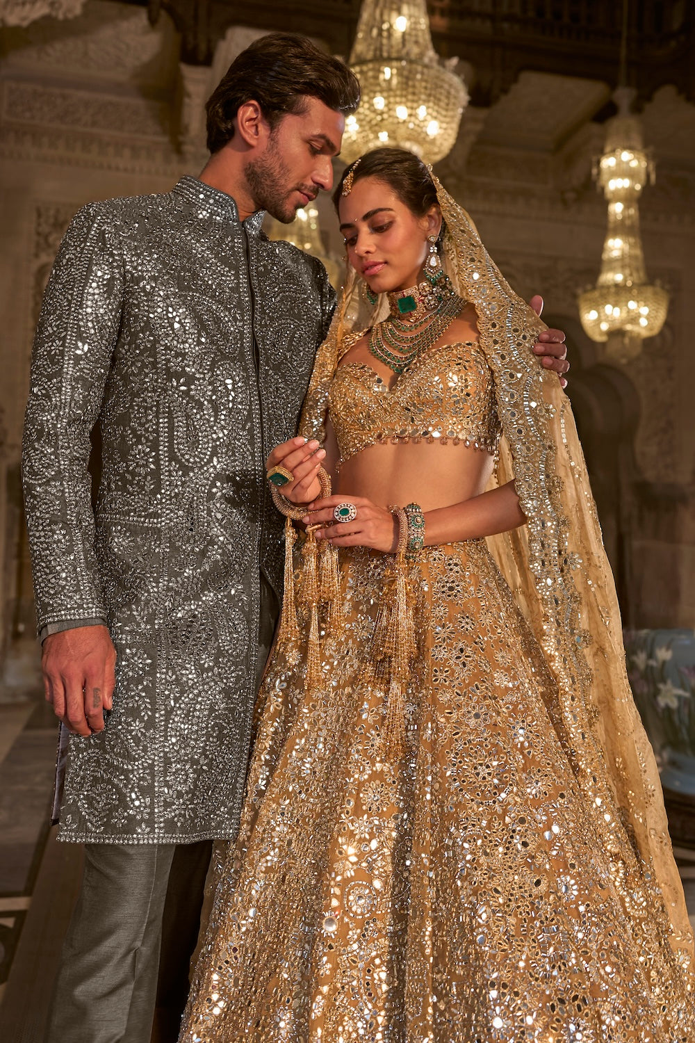 Ash Grey Mirror Work Sherwani Set