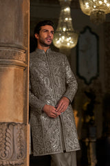 Ash Grey Mirror Work Sherwani Set
