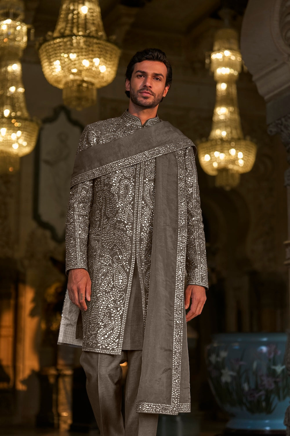 Ash Grey Mirror Work Sherwani Set