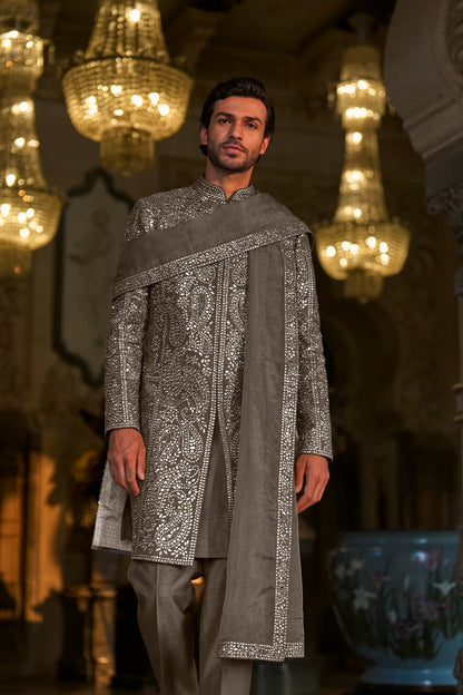 Ash Grey Mirror Work Sherwani Set