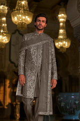 Ash Grey Mirror Work Sherwani Set