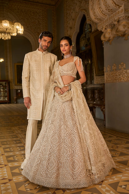 Nude Geometric Sherwani Set