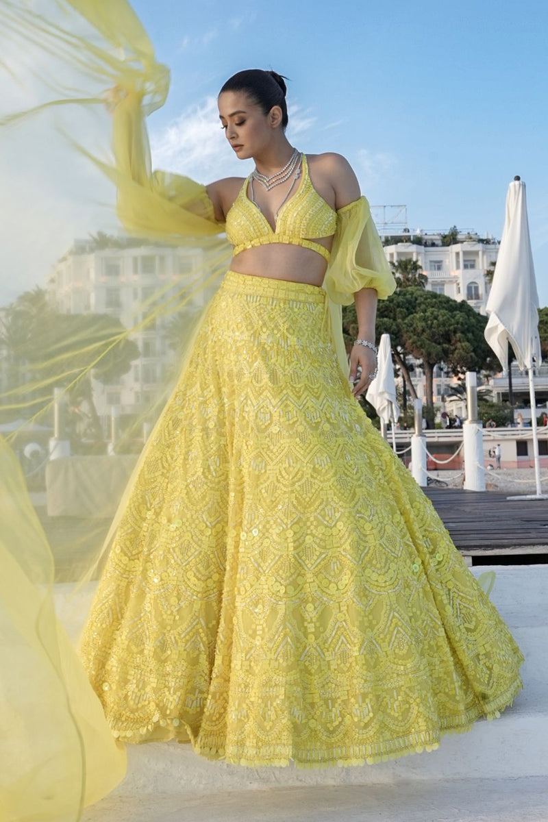 Surveen Chawla In Neon Yellow Sequin Lehenga Set