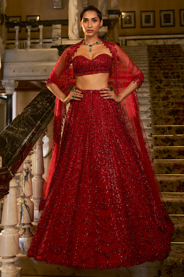 Red Crystal Lehenga Set