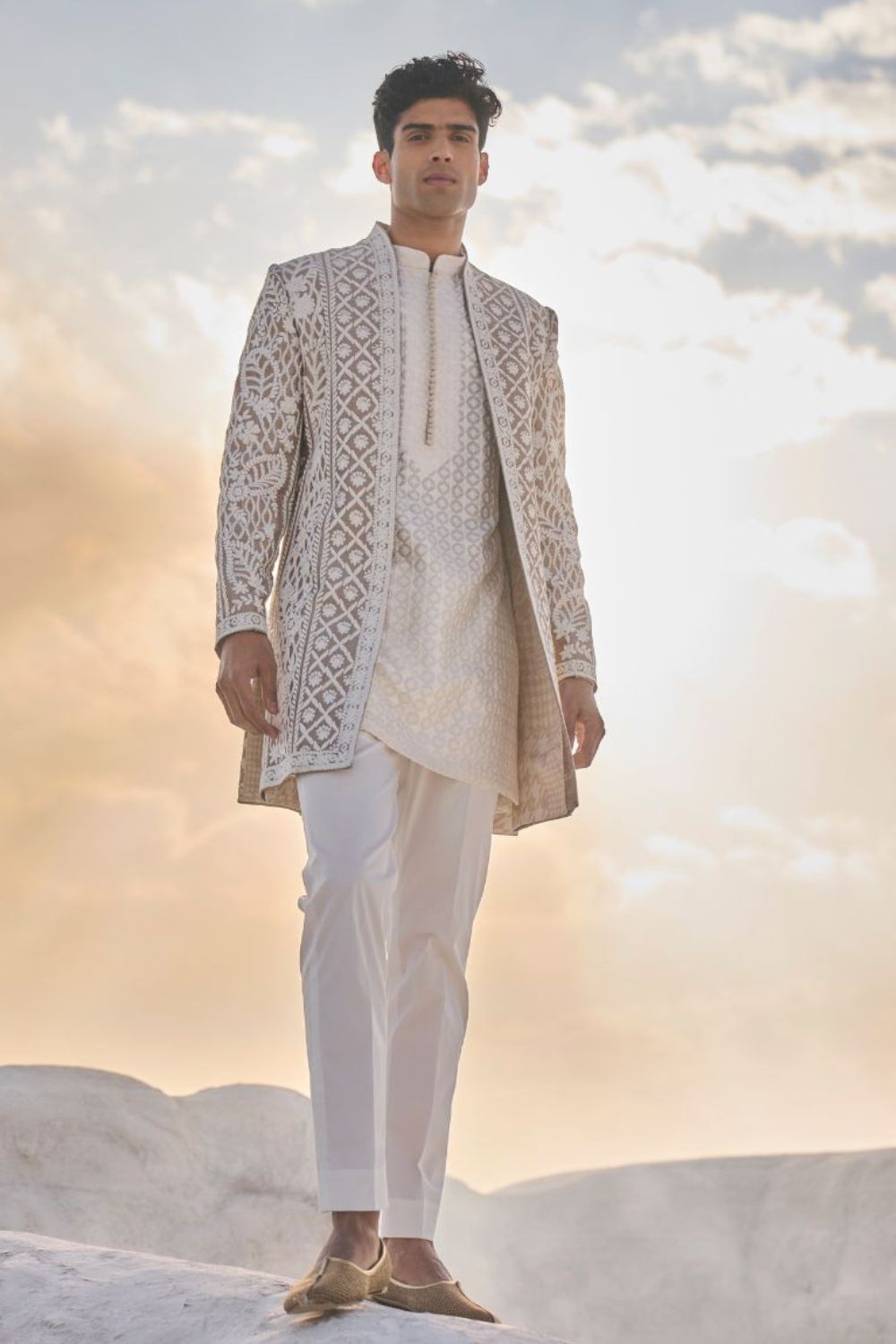 Ishaan Khatter in Nude Cream Open Sherwani Set
